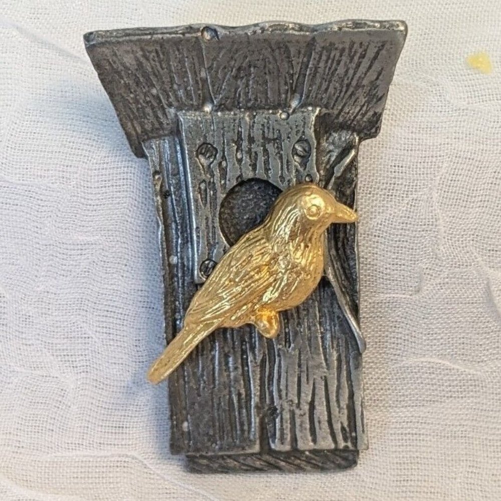 M. Bastin Birdhouse Signed Brooch Pinback Pewter Vtg 1999 Gold Tone Lapel Nature